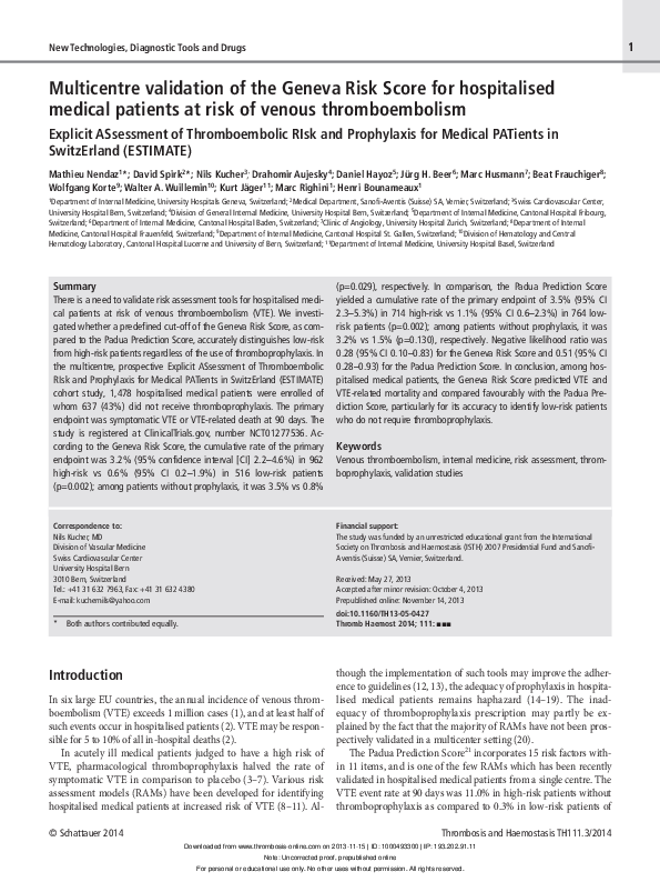 (PDF) Multicentre validation of the Geneva Risk Score for hospitalised ...