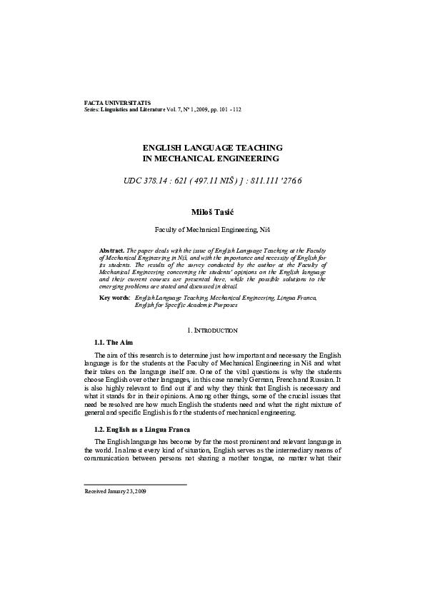 (PDF) English language teaching in mechanical engineering
