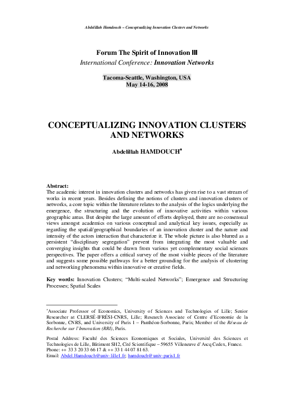 (PDF) Conceptualizing Innovation Clusters and Networks