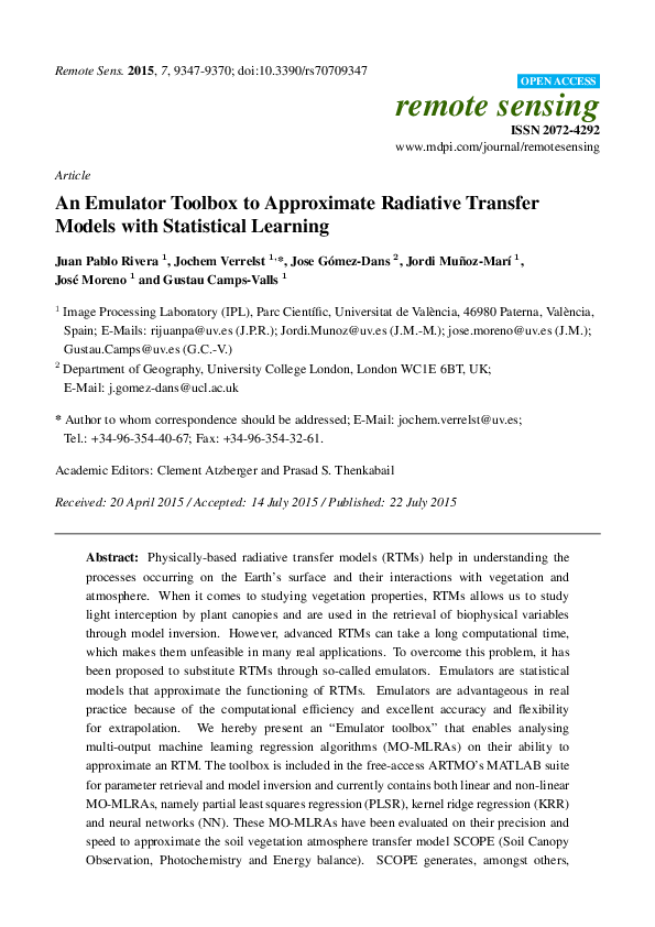 (PDF) An Emulator Toolbox to Approximate Radiative Transfer Models with ...