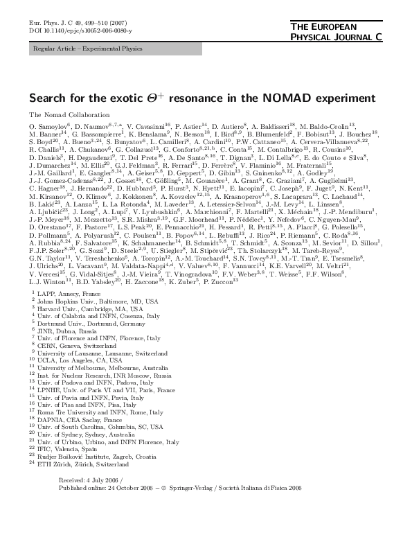 (PDF) Search for the exotic Θ+ resonance in the NOMAD experiment
