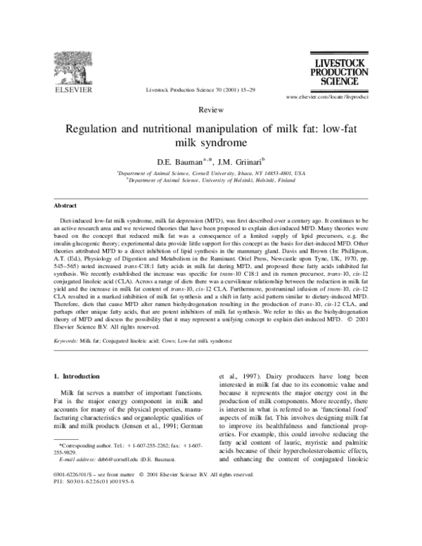 (PDF) Regulation and nutritional manipulation of milk fat lowfat milk syndrome Dale Bauman