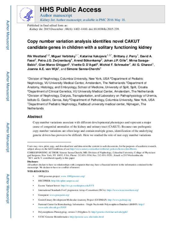 (PDF) Copy number variation analysis identifies novel CAKUT candidate ...
