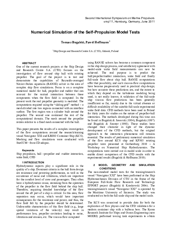 (PDF) Numerical Simulation of the Self-Propulsion Model Tests