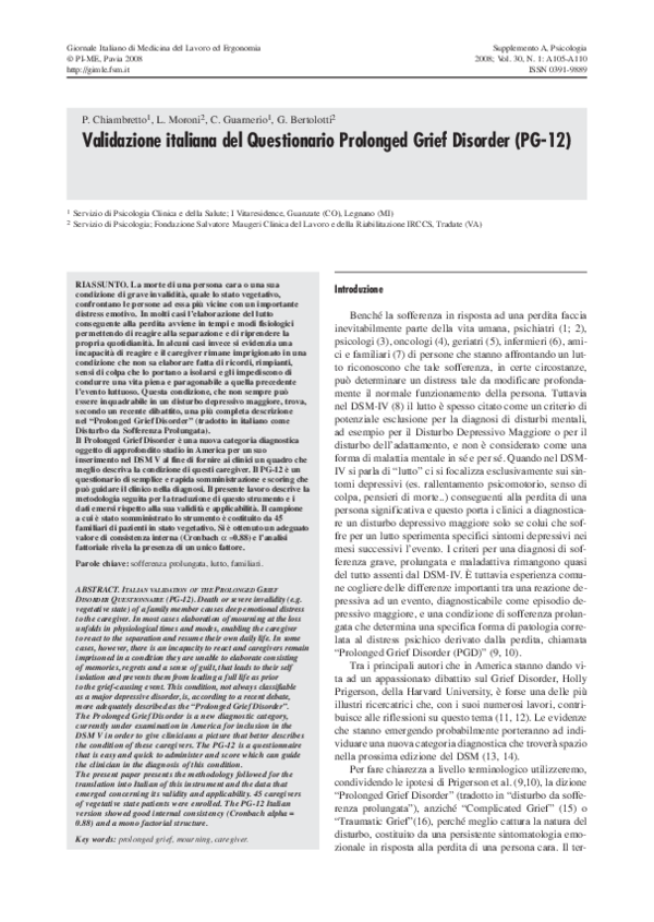 (PDF) [Italian validation of the Prolonged Grief Disorder Questionnaire ...