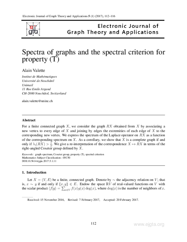 (PDF) Spectra of graphs and the spectral criterion for property (T
