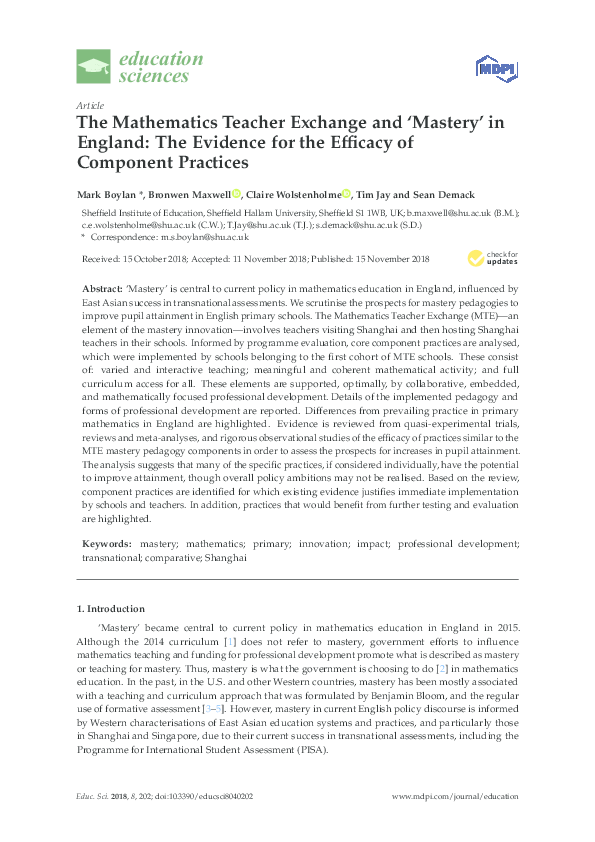 (PDF) The Mathematics Teacher Exchange and ‘Mastery’ in England: The ...