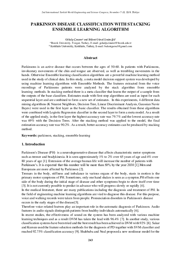(PDF) Parkinson Disease Classification with Stacking Ensemble Learning ...