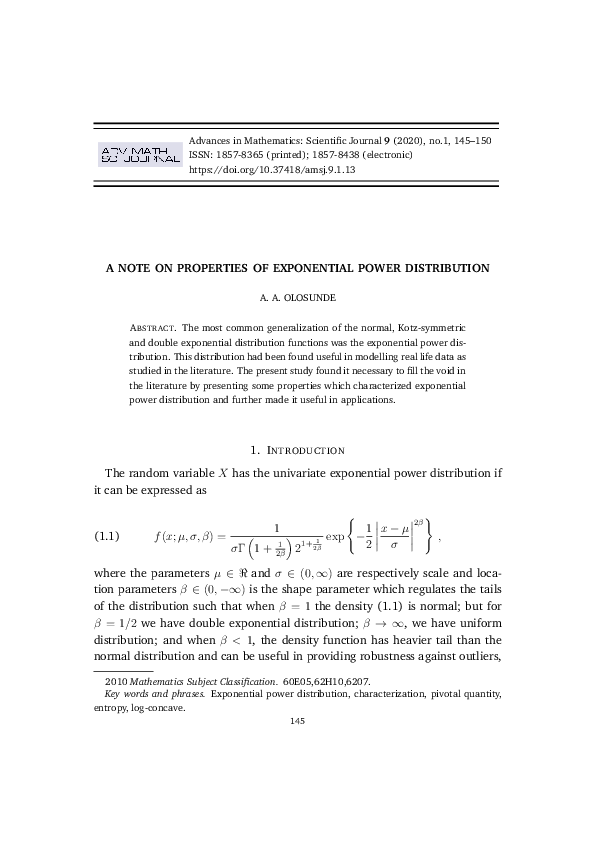 (PDF) A Note on Properties of Exponential Power Distribution
