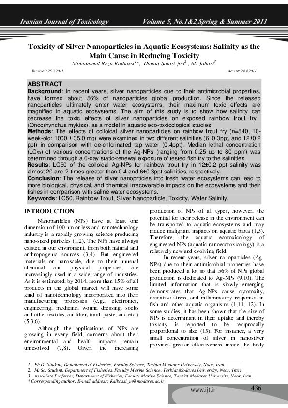 (PDF) Toxicity of Silver Nanoparticles in Aquatic Ecosystems