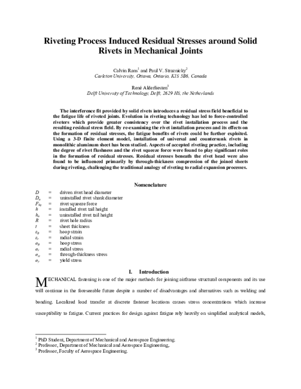 (PDF) Riveting Process Induced Residual Stresses Around Solid Rivets in ...