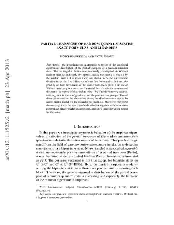 (PDF) Partial transpose of random quantum states: Exact formulas and ...