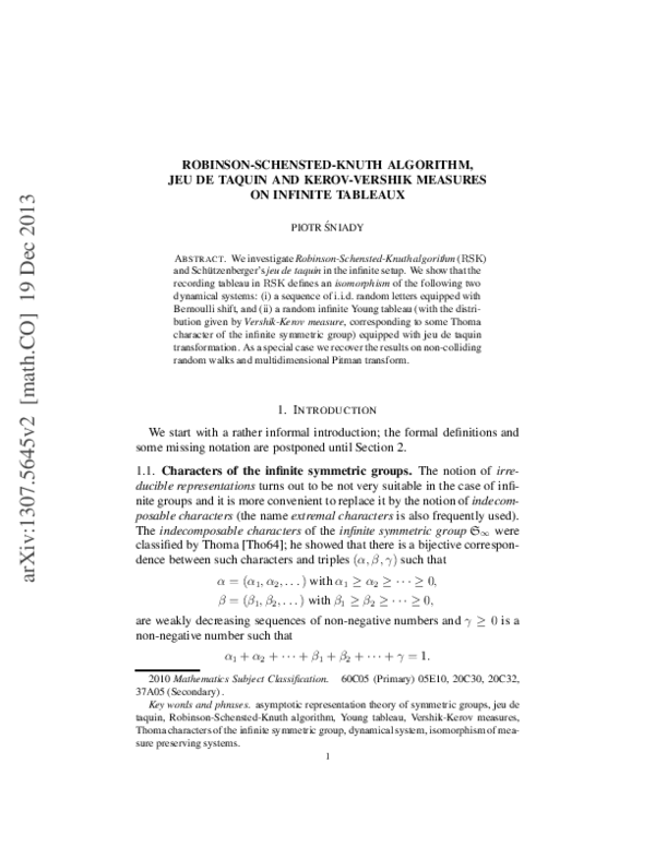 (PDF) Robinson--Schensted--Knuth Algorithm, Jeu de Taquin, and Kerov ...