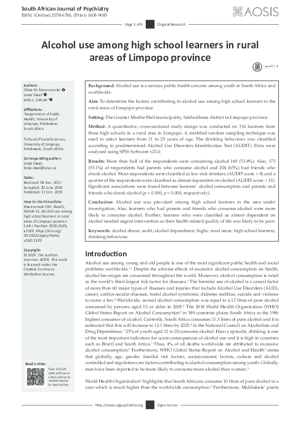 (PDF) Alcohol use among high school learners in rural areas of Limpopo