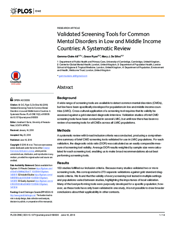 (PDF) Validated Screening Tools for Common Mental Disorders in Low and ...