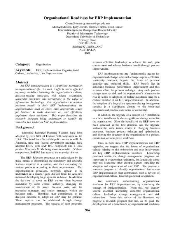 (PDF) Organisational readiness for ERP implementation