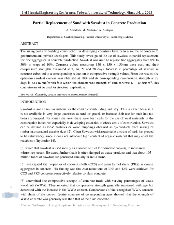 (PDF) Partial Replacement of Sand with Sawdust in Concrete Production