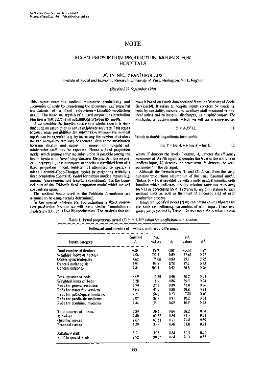 (PDF) Fixed proportion production models for hospitals