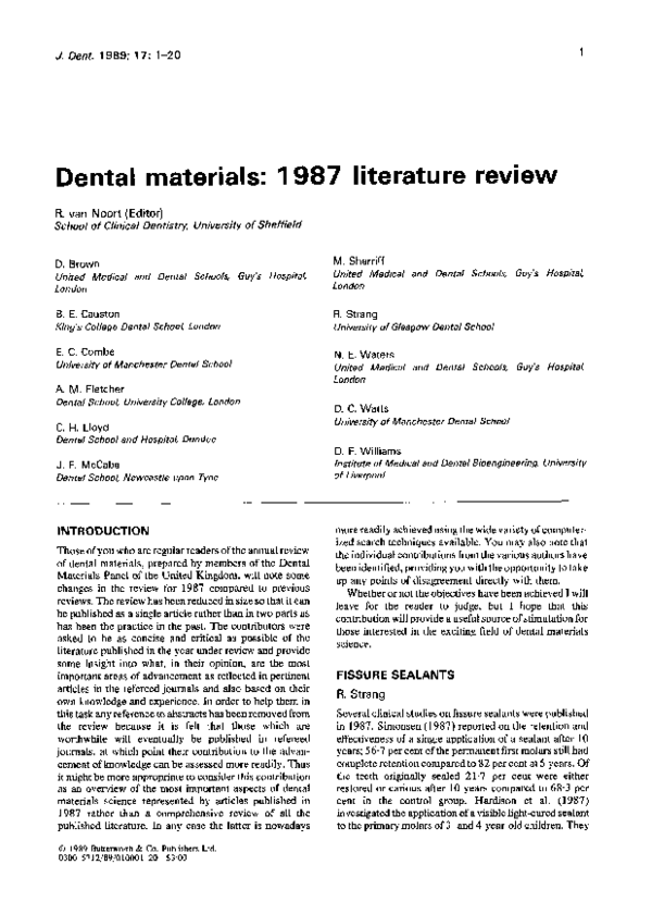 (PDF) Dental materials 1987 literature review Richard Van Noort