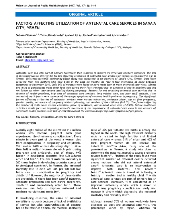(PDF) Factors Affecting Utilization of Antenatal Care Services in Sana ...