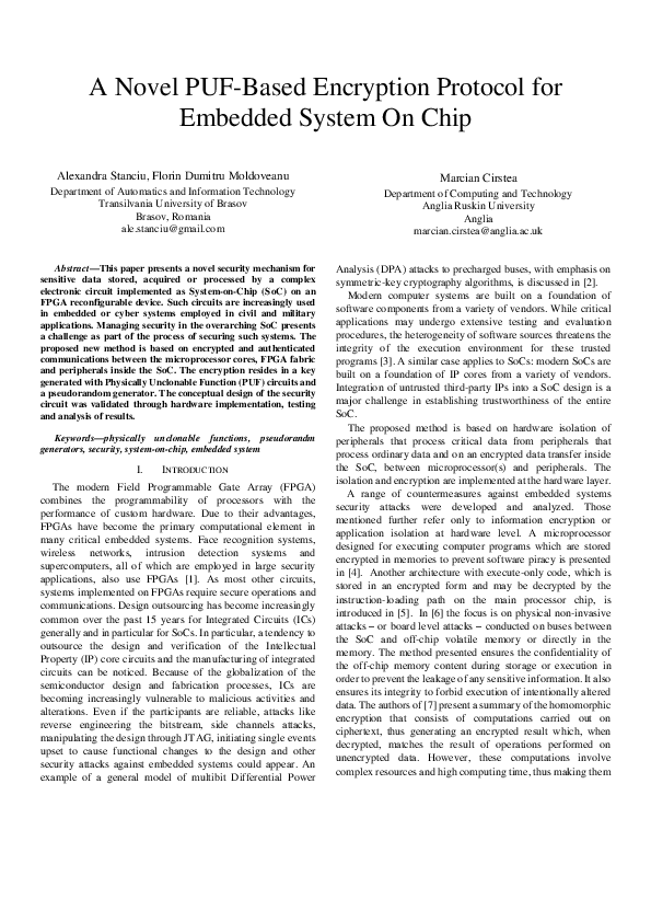 (PDF) A novel PUF-based encryption protocol for embedded System on Chip