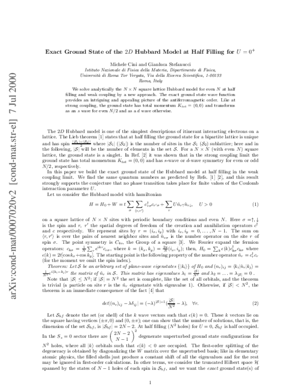 (PDF) Exact ground state of the two-dimensional Hubbard model at half ...