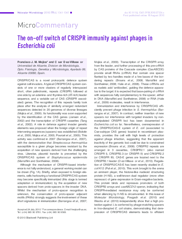 (PDF) The on-off switch of CRISPR immunity against phages in ...
