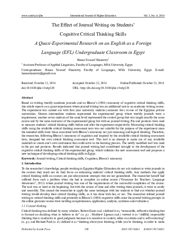 (PDF) The Effect of Journal Writing on Students’ Cognitive Critical ...