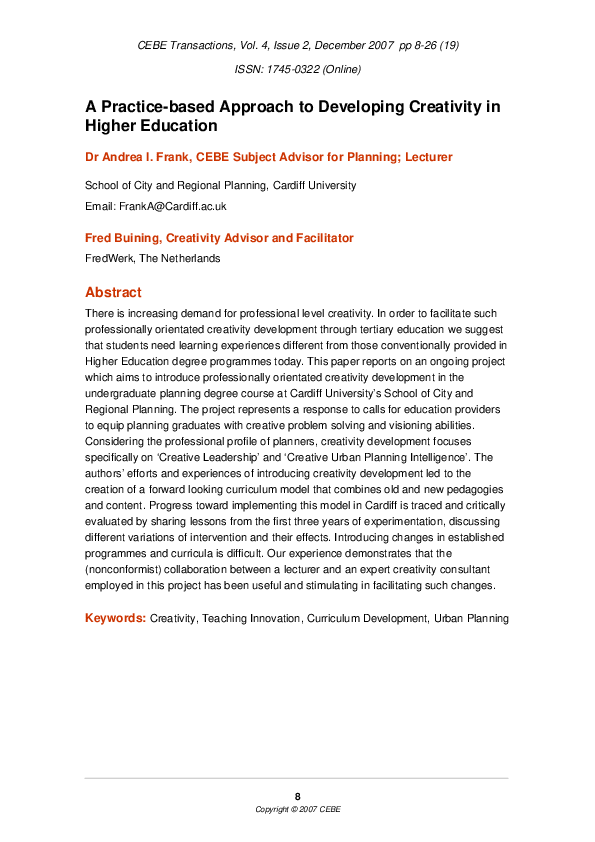 (PDF) A Practice-based Approach to Developing Creativity in Higher ...