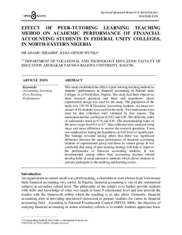 (PDF) Effect of Peer-Tutoring Learning Teaching Mehod on Academic ...