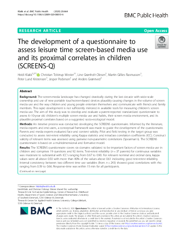 (PDF) The development of a questionnaire to assess leisure time screen ...