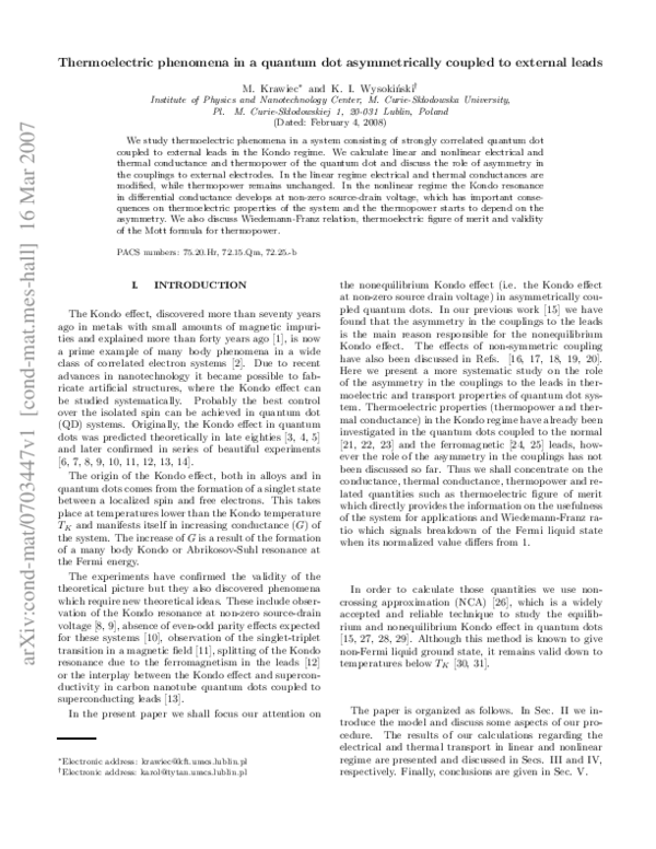 (PDF) Thermoelectric phenomena in a quantum dot asymmetrically coupled ...