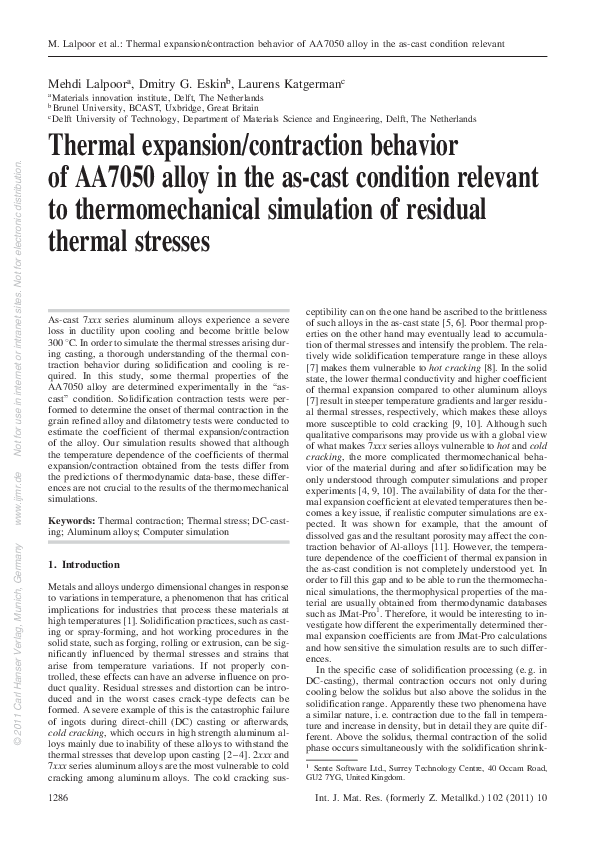 (PDF) Thermal expansion/contraction behavior of AA7050 alloy in the as ...