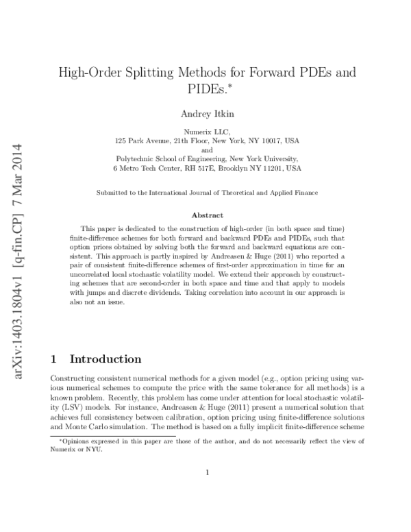 (PDF) High Order Splitting Methods for Forward Pdes and Pides
