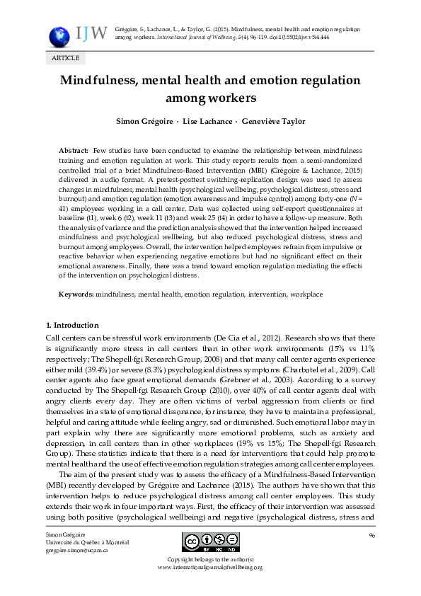(PDF) Mindfulness, mental health and emotion regulation among workers