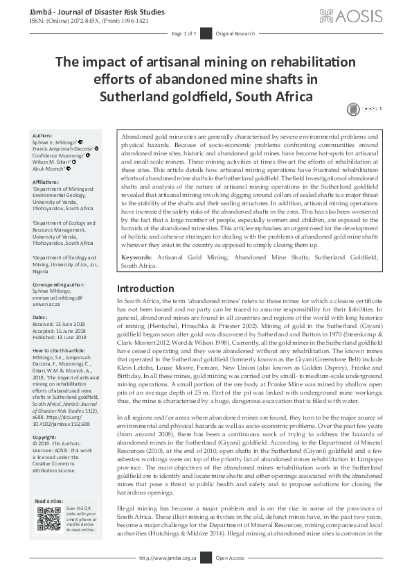 (PDF) The impact of artisanal mining on rehabilitation efforts of ...