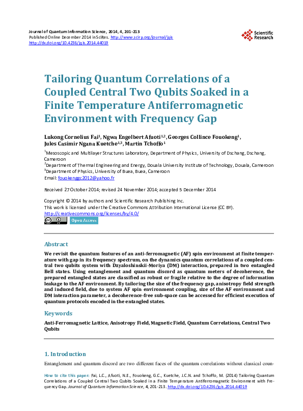 (PDF) Tailoring Quantum Correlations of a Coupled Central Two Qubits ...