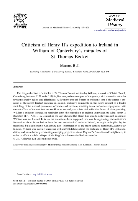 Criticism of Henry II's expedition to Ireland in William of Canterbury's miracles of St Thomas Becket
