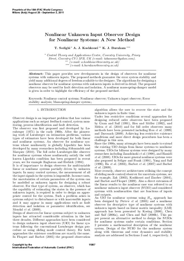 (PDF) Nonlinear Unknown Input Observer Design for Nonlinear Systems: A ...