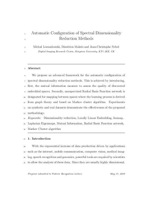 (PDF) Automatic configuration of spectral dimensionality reduction methods