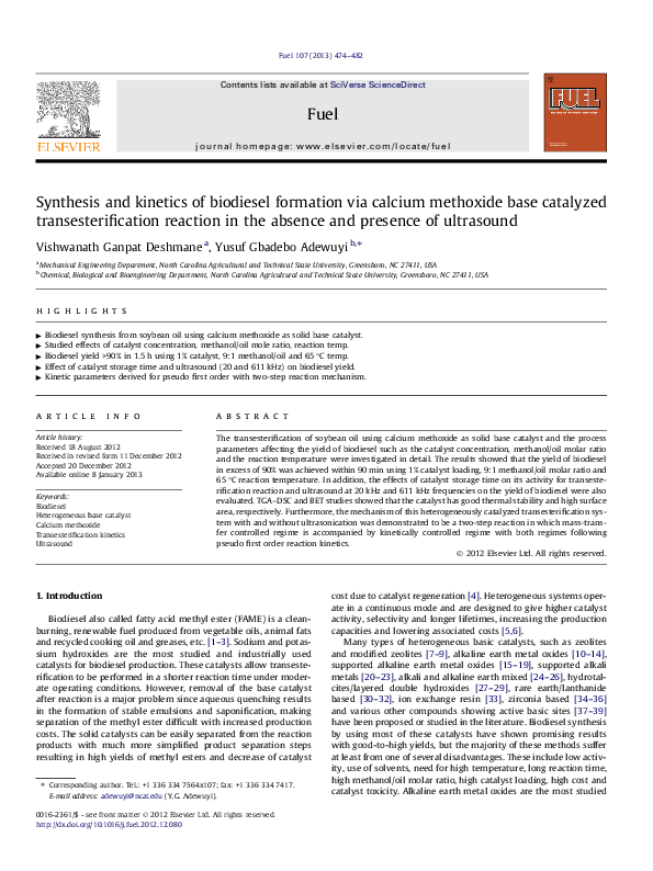 (PDF) Synthesis and kinetics of biodiesel formation via calcium ...