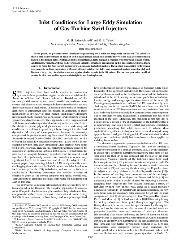 (PDF) Inlet Conditions for Large Eddy Simulation of Gas-Turbine Swirl ...