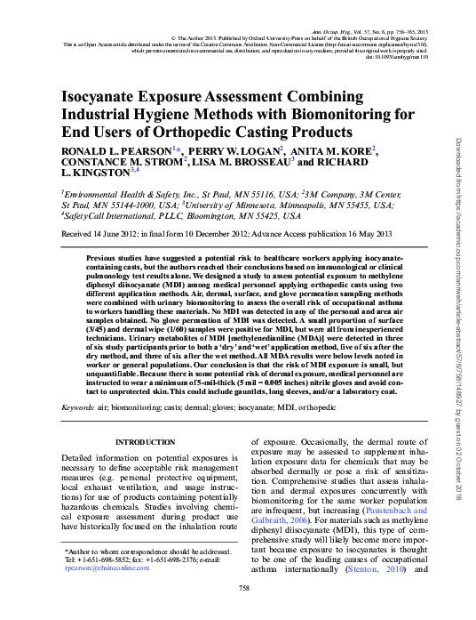 (PDF) Isocyanate Exposure Assessment Combining Industrial Hygiene ...
