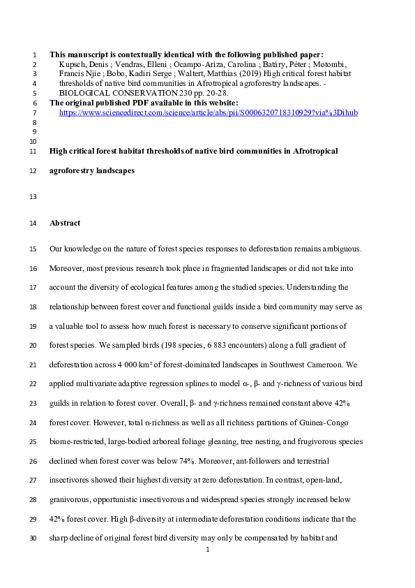 (PDF) High critical forest habitat thresholds of native bird ...