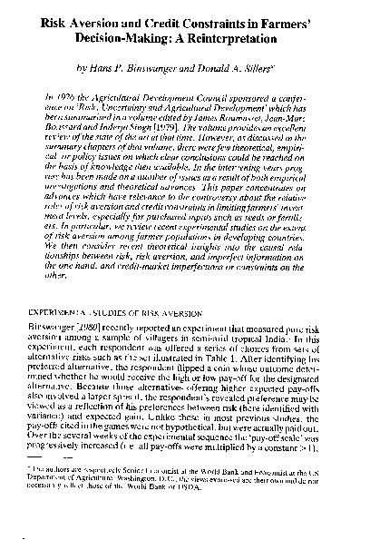 (PDF) Risk aversion and credit constraints in farmers' decision‐making ...