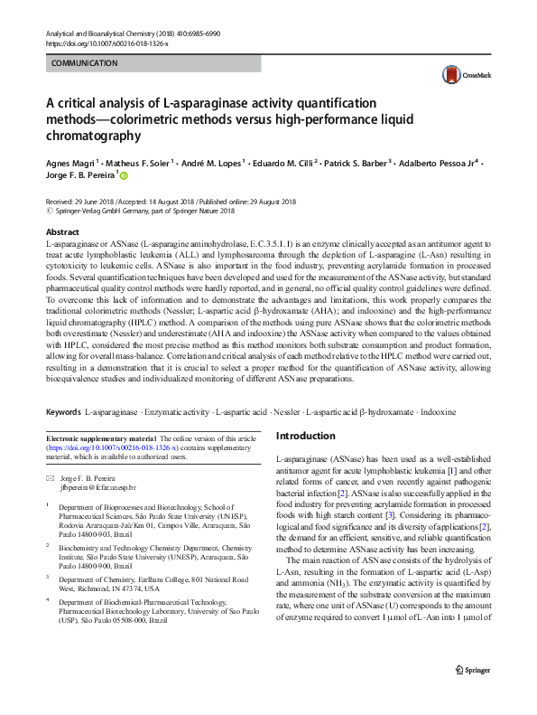 (PDF) A critical analysis of Lasparaginase activity quantification
