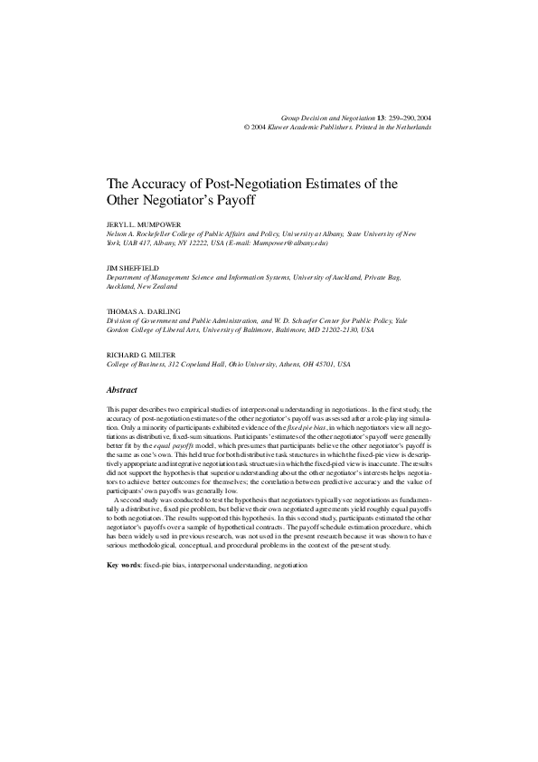(PDF) The Accuracy of Post-Negotiation Estimates of the Other ...