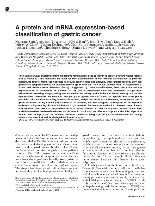 (PDF) A protein and mRNA expression-based classification of gastric cancer
