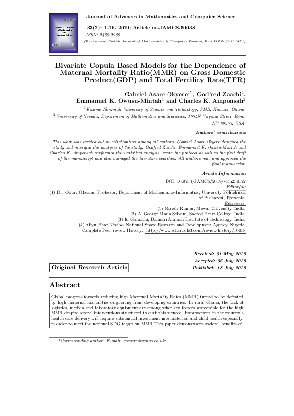 (PDF) Bivariate Copula Based Models for the Dependence of Maternal ...
