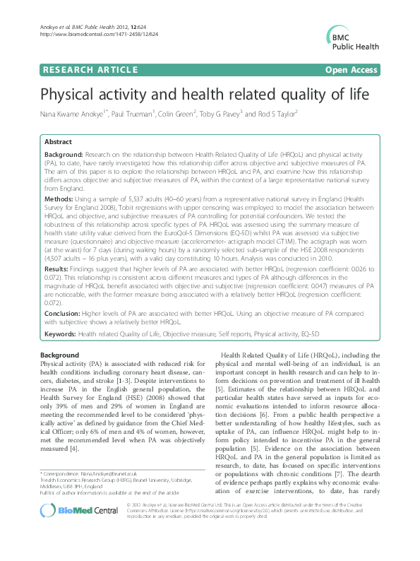 (PDF) Physical activity and health related quality of life